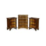 An Italian Baroque Style Inlaid Walnut Commode And a Pair of Similar Commodini 19th/early 20th ce...