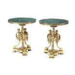 A Pair of Louis XIV Malachite Top Gilt Bronze Gueridons