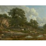 Victor de Grailly (French, 1804-1889) A landscape with figures tending farm animals by a river 19...