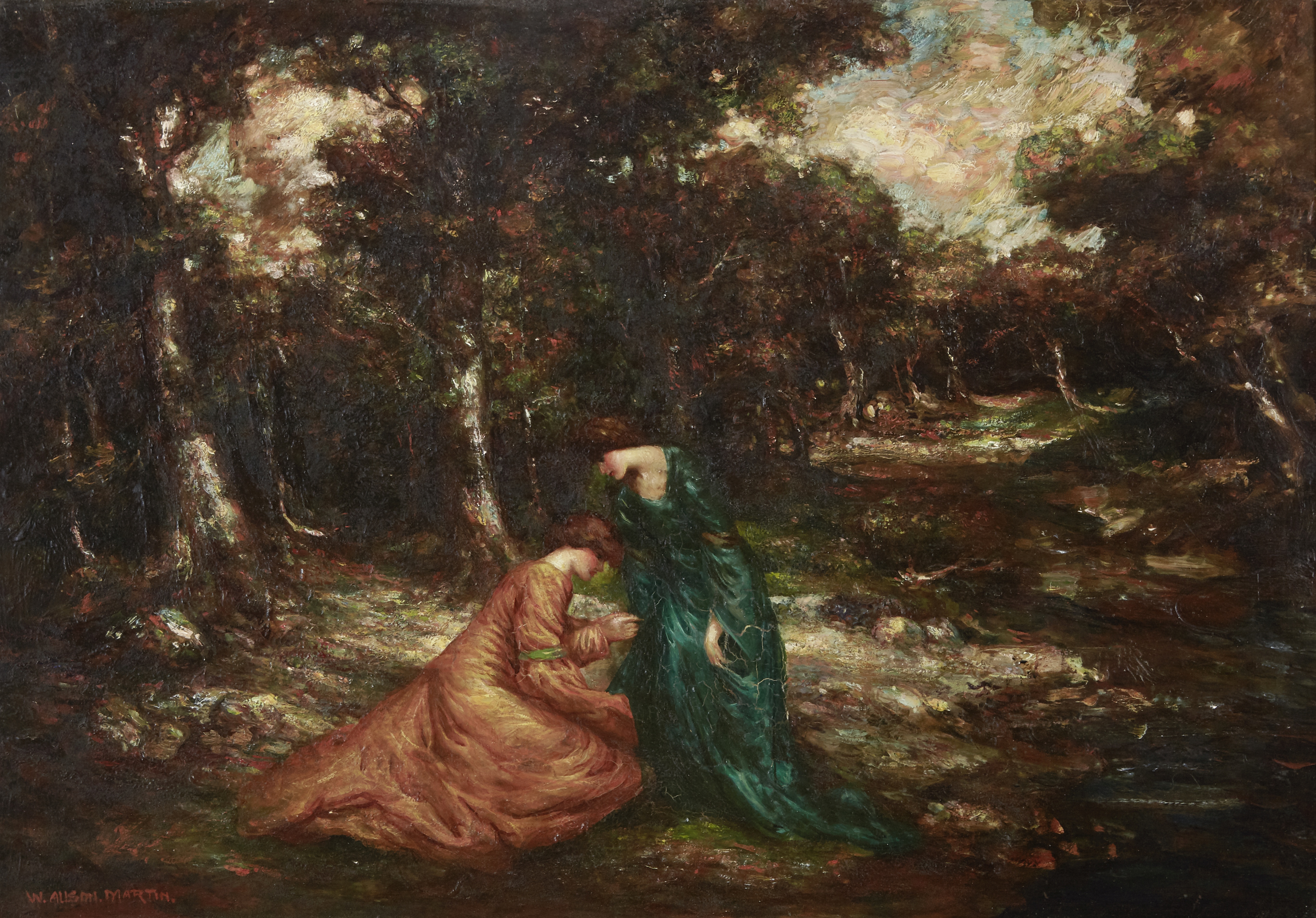 William Alison Martin (British, 1878-1936) Two elegant ladies in a wooded landscape 16 3/4 x 24 1...