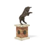 An Italian Baroque Patinated Bronze Figure of a Rearing Bull on marble plinth base 17th/18th Century
