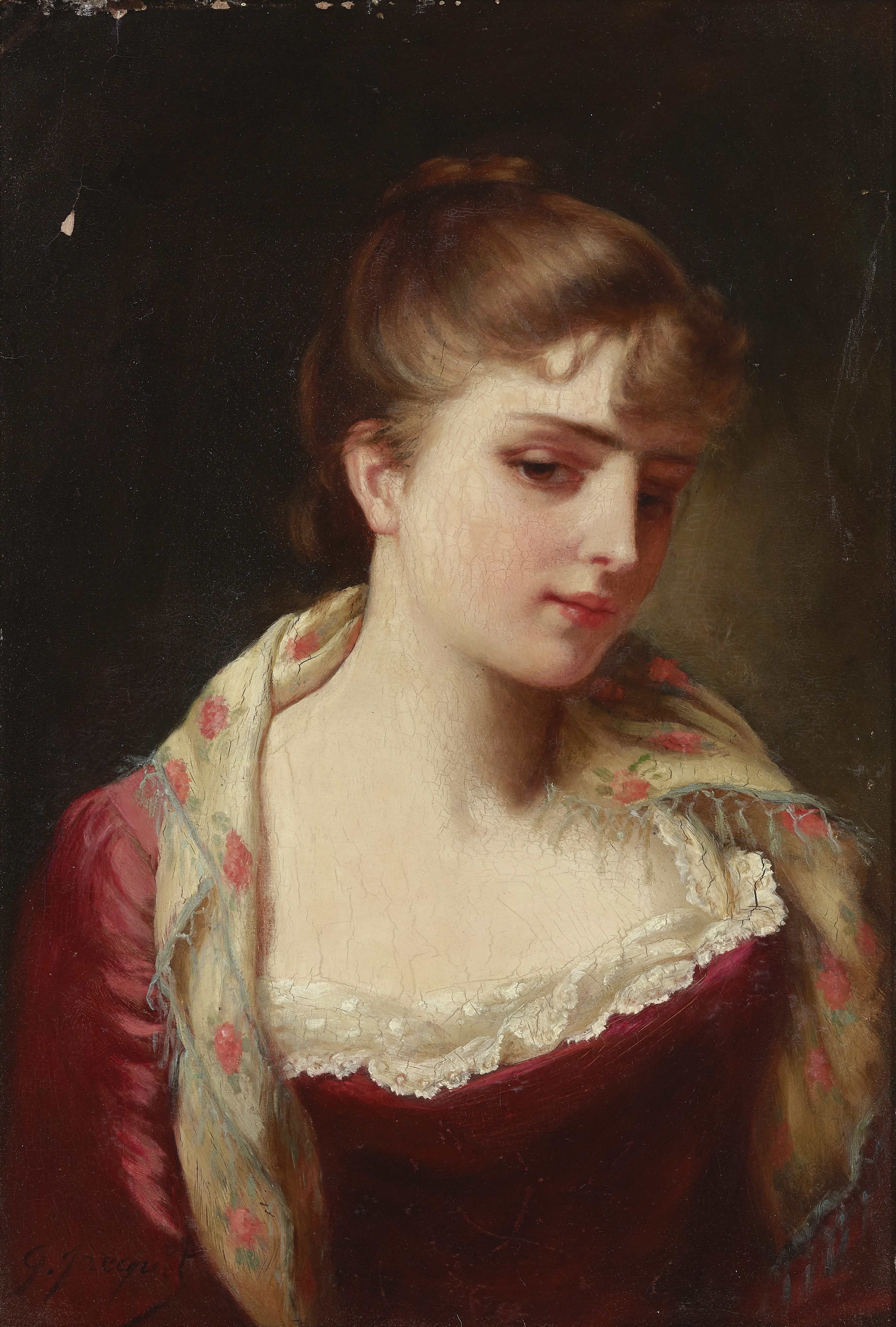 Gustave Jean Jacquet (French, 1846-1909) A portrait of lady wearing a floral scarf 13 1/8 x 9 1/8...