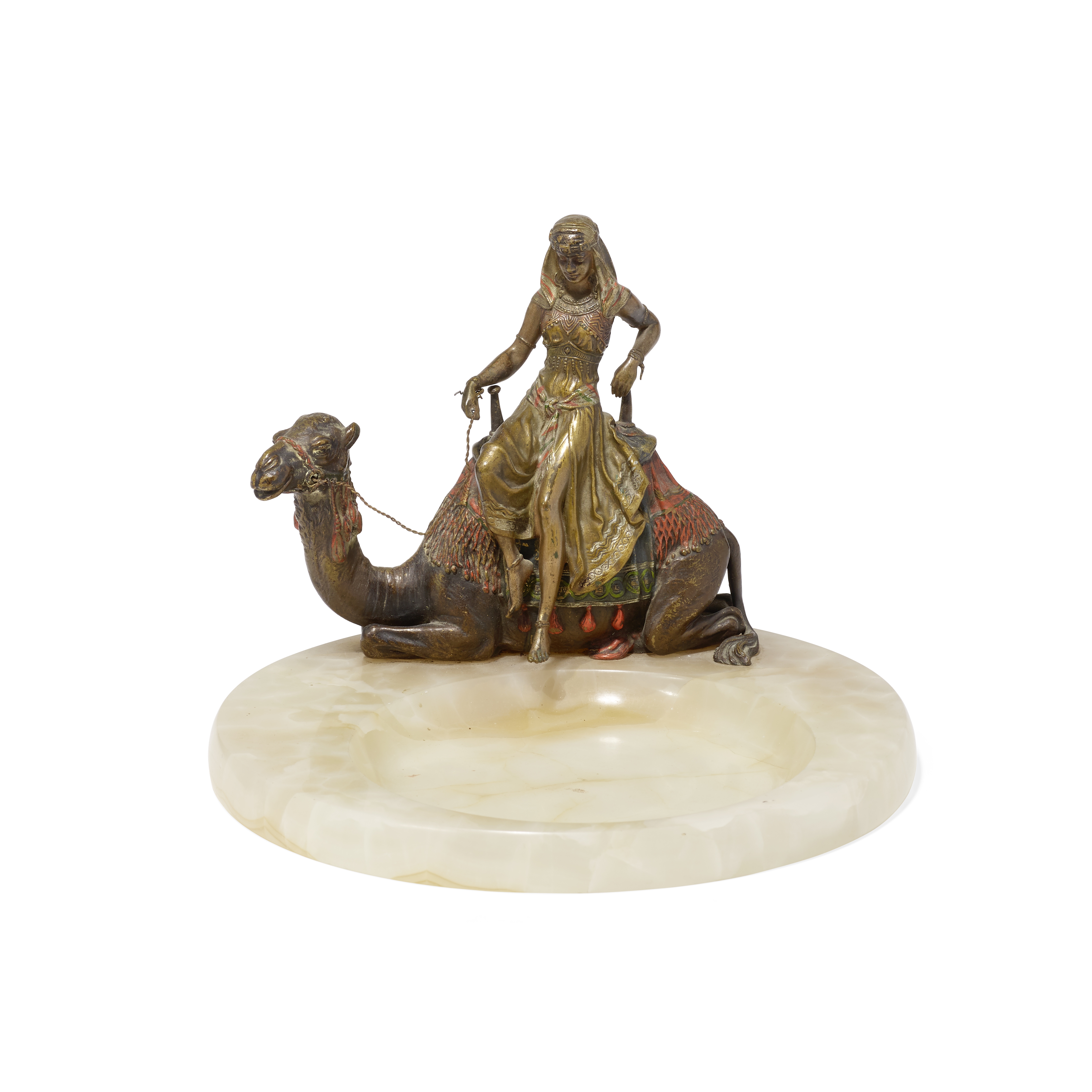 A Vienna Cold Painted Bronze And Onyx Vide Poche of a Woman Seated on a Camel early 20th centuryi...