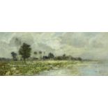 Karl Heffner (German, 1849-1925) A spring landscape with a village on the water 19 3/4 x 47 3/8in...