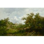 Emile Keymeulen (Belgian, 1840-1882) A landscape with a shepherd and his family and flock in a fo...