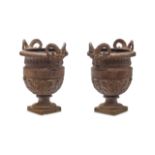 Pair of Neoclassical Style Patinated Iron Garden Urns