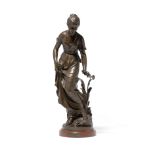 A Patinated Bronze Figure of a Maiden Picking a Flower Sylvain Kinsburger (French, 1855-1935), la...