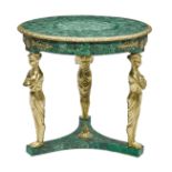 An Empire style gilt bronze mounted malachite center table on caryatid supports Late 20th century