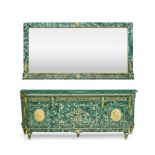 A Louis XVI style gilt bronze mounted malachite cabinet and en Suite mirror Late 20th century