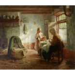 Evert Pieters (Dutch, 1856-1932) A sunlit cottage interior with a mother and her children 31 x 36...