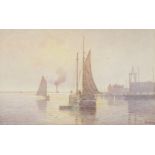 Percy A. Sanborn (1849-1929) A tranquil harbor 10 x 16in (25.4 x 40.7cm)