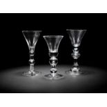 Three baluster wine glasses, circa 1710-30