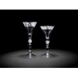 Two engraved light baluster wine glasses, circa 1740