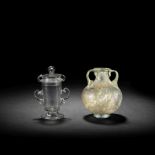 A small façon de Venise albarello or pharmacy jar and cover, 17th century, and a Roman glass vase...