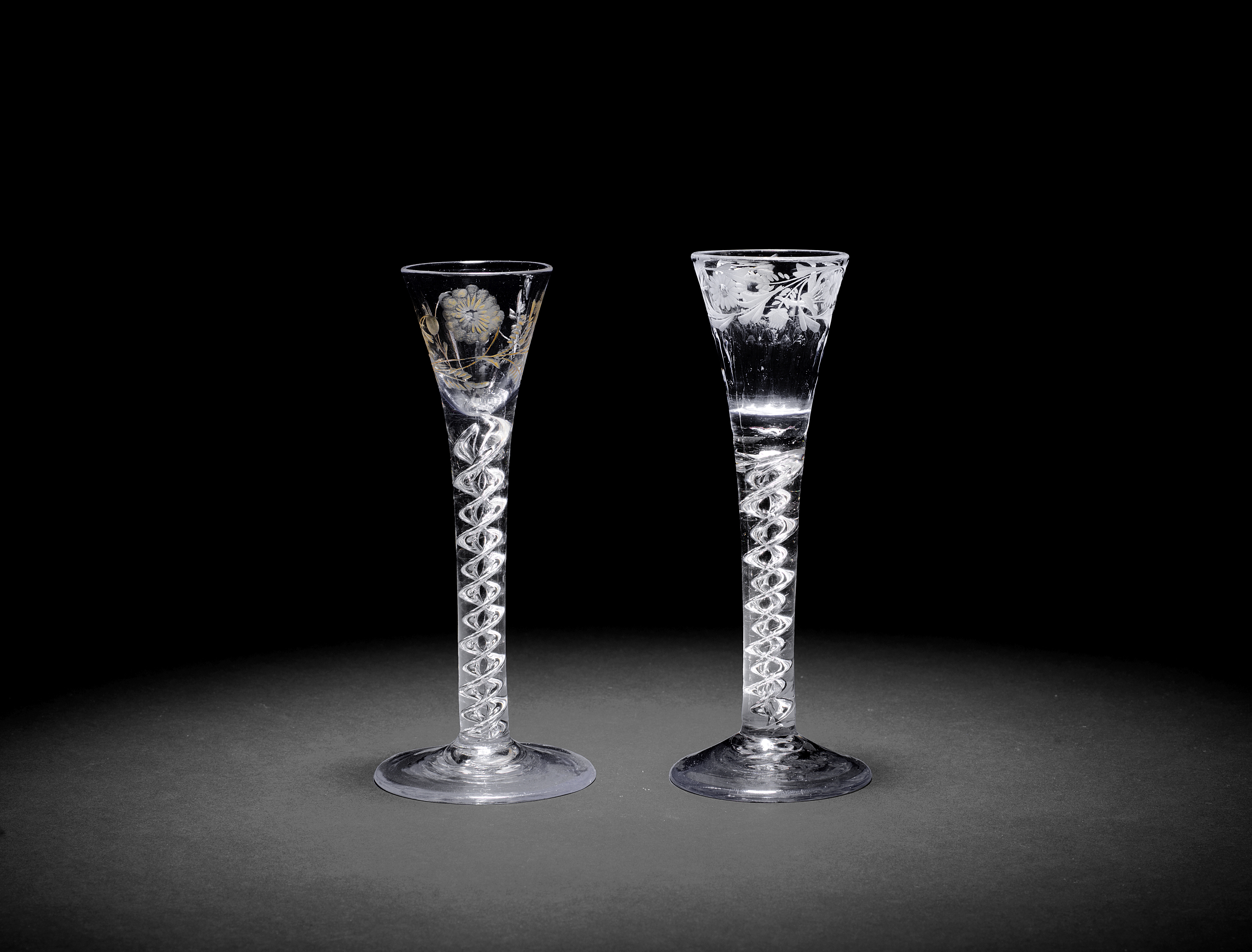 Two engraved airtwist cordial glasses, circa 1745-50