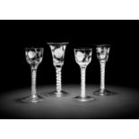 Four engraved opaque twist wine glasses of Jacobite interest, circa 1765