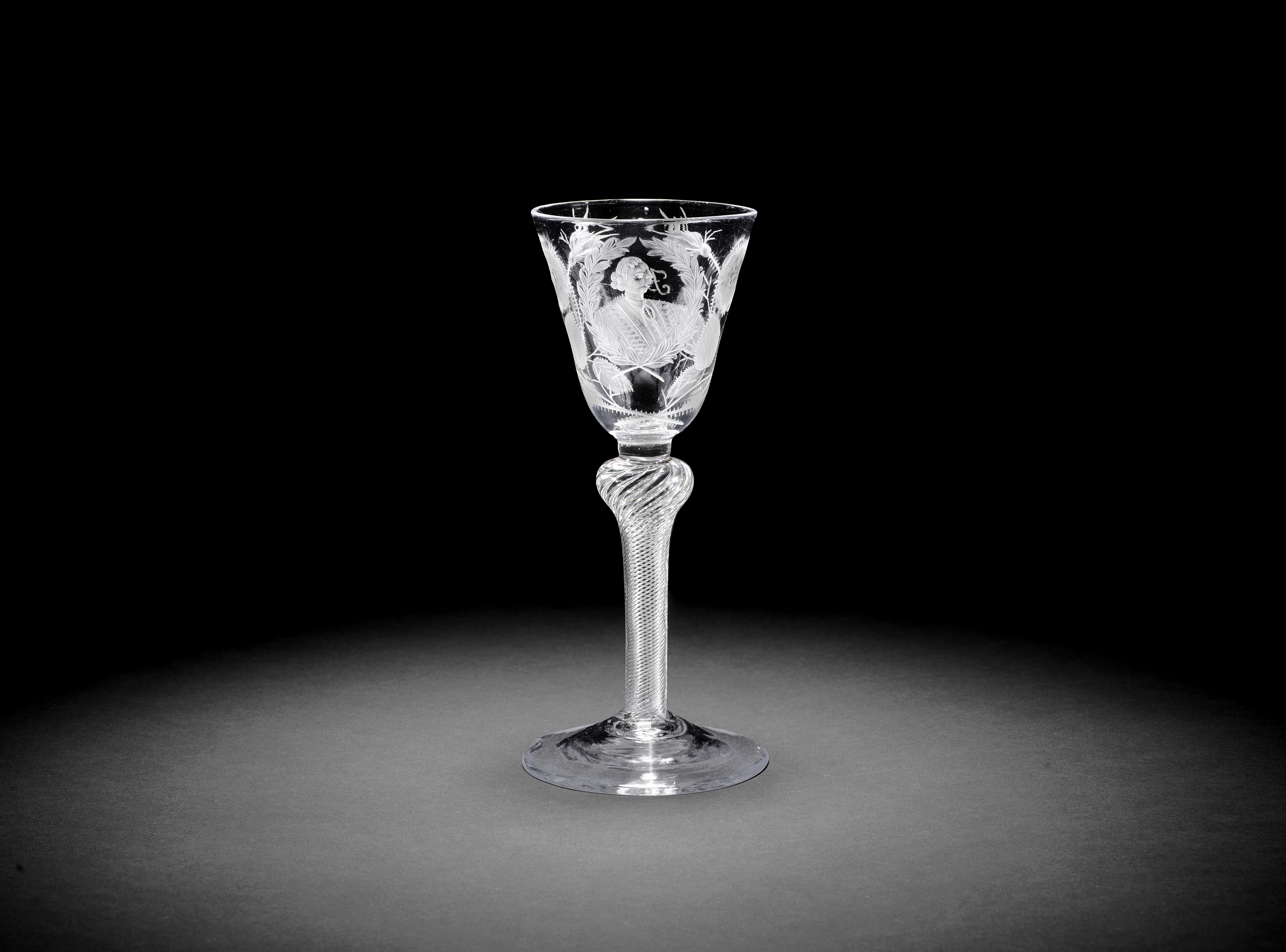 An engraved portrait airtwist wine glass of Jacobite interest, circa 1750