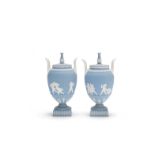 A pair of Wedgwood blue jasper vases and covers, 19th century