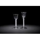 Two 'Lynn' opaque twist wine glasses, circa 1765