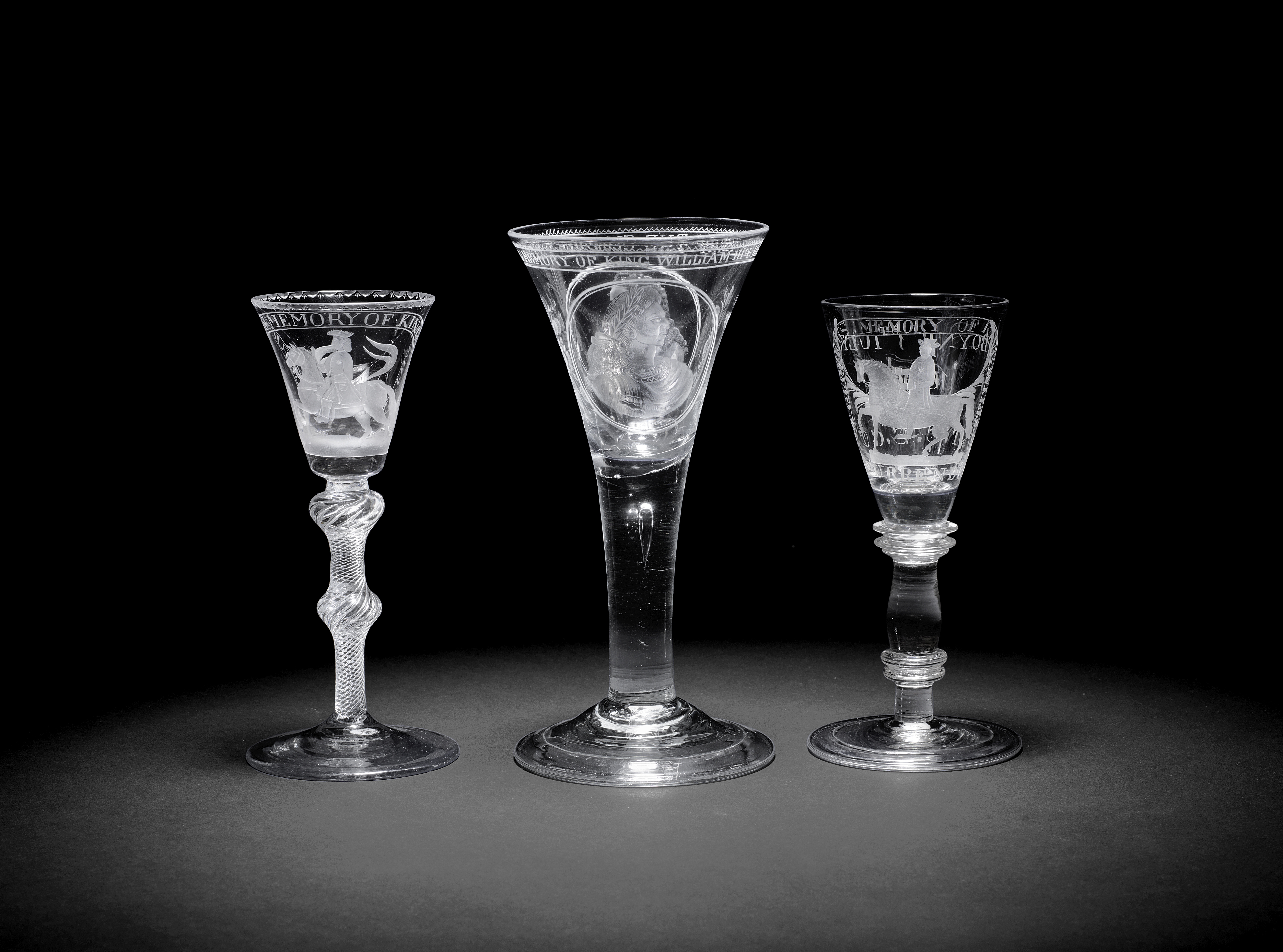 Three Williamite wine glasses, 18th century and later