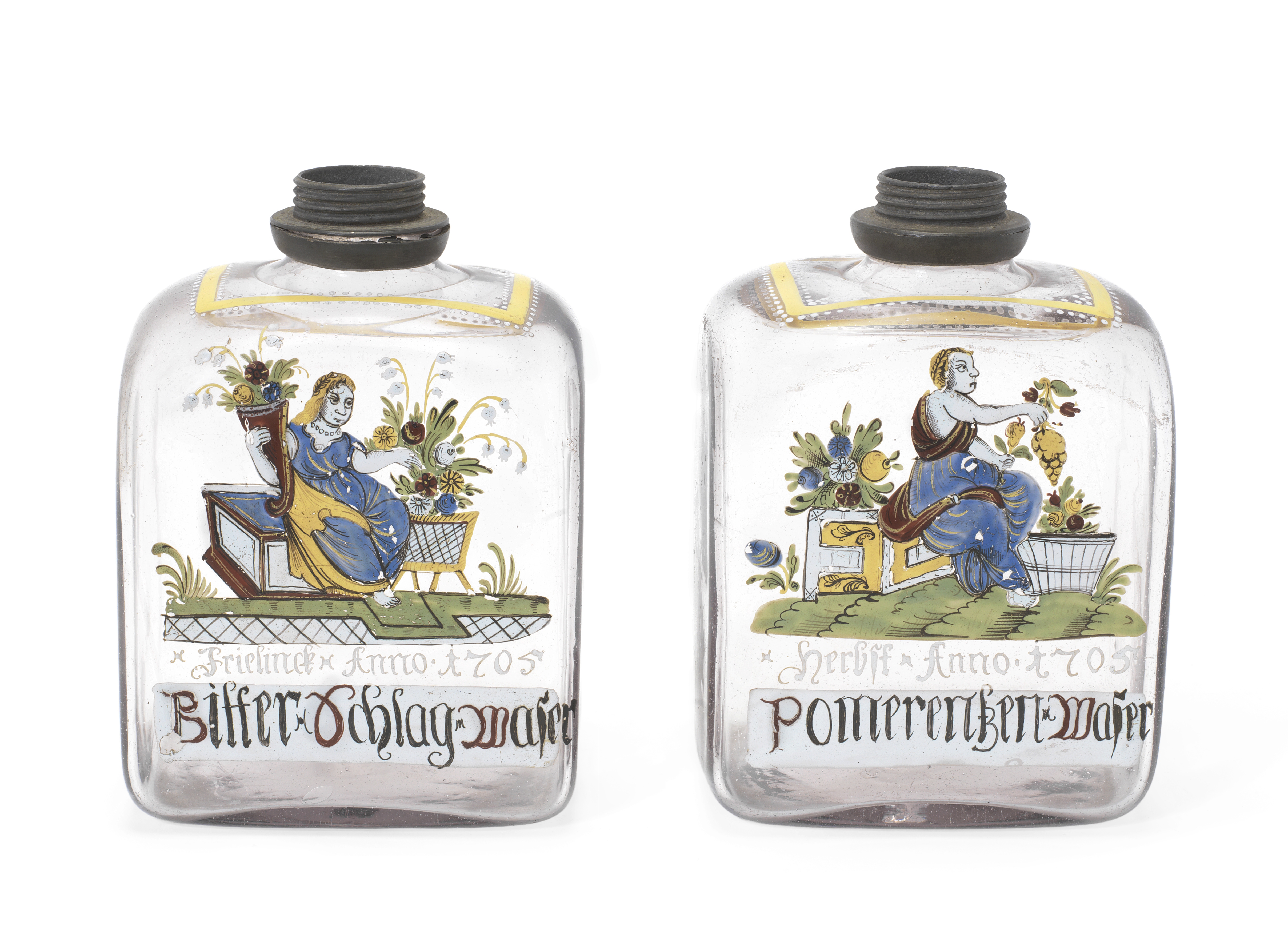 Pair of enamelled German glass flasks, dated 1705