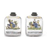 Pair of enamelled German glass flasks, dated 1705