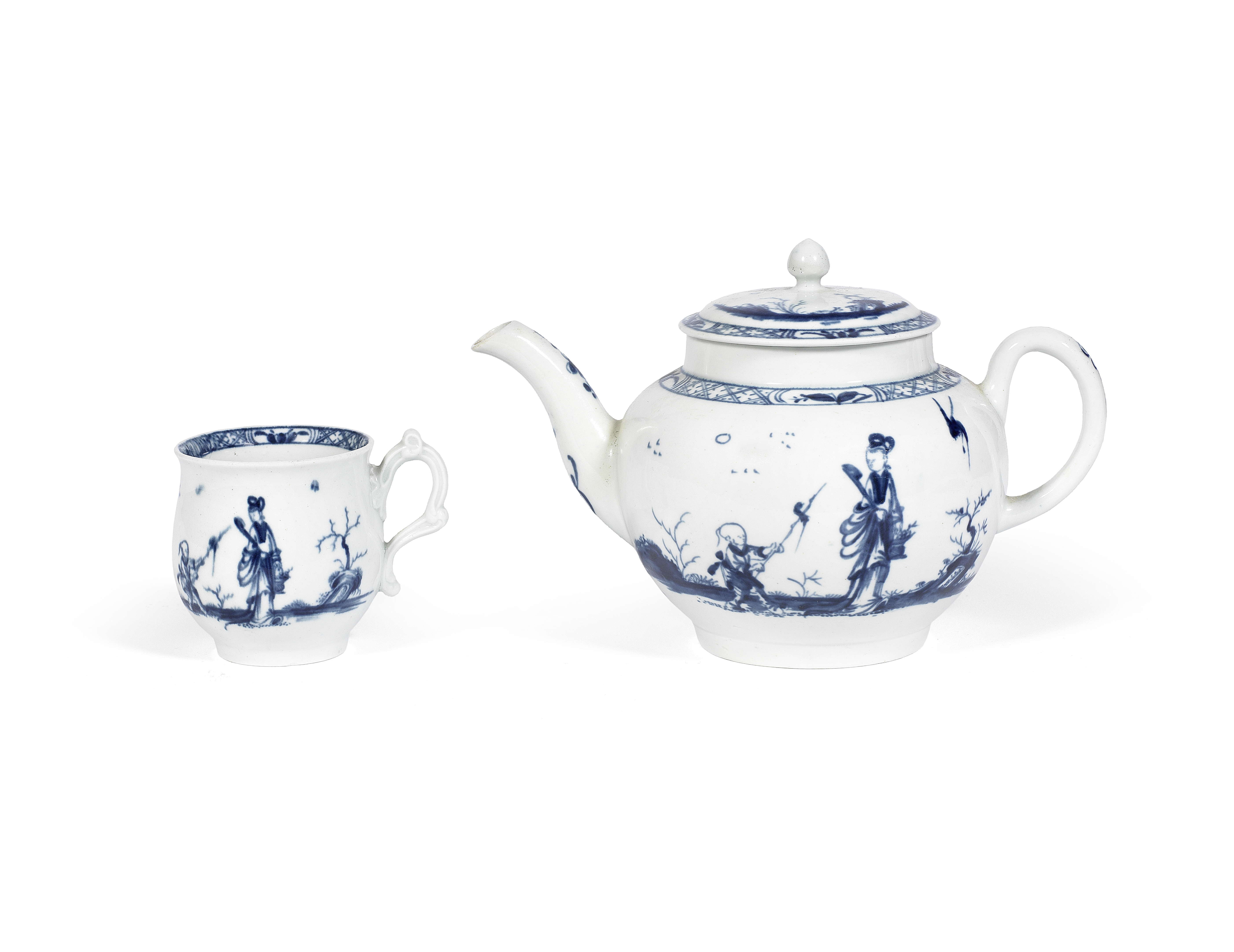 A Worcester teapot and cover and a cup, circa 1758-60