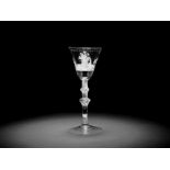 A Dutch engraved composite-stem light baluster goblet attributed to Jacob Sang, circa 1760