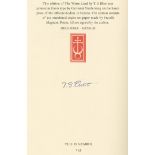 ELIOT (T.S.) The Waste Land, NUMBER 143 OF 300 COPIES, SIGNED BY THE AUTHOR, [Verona, Officina Bo...