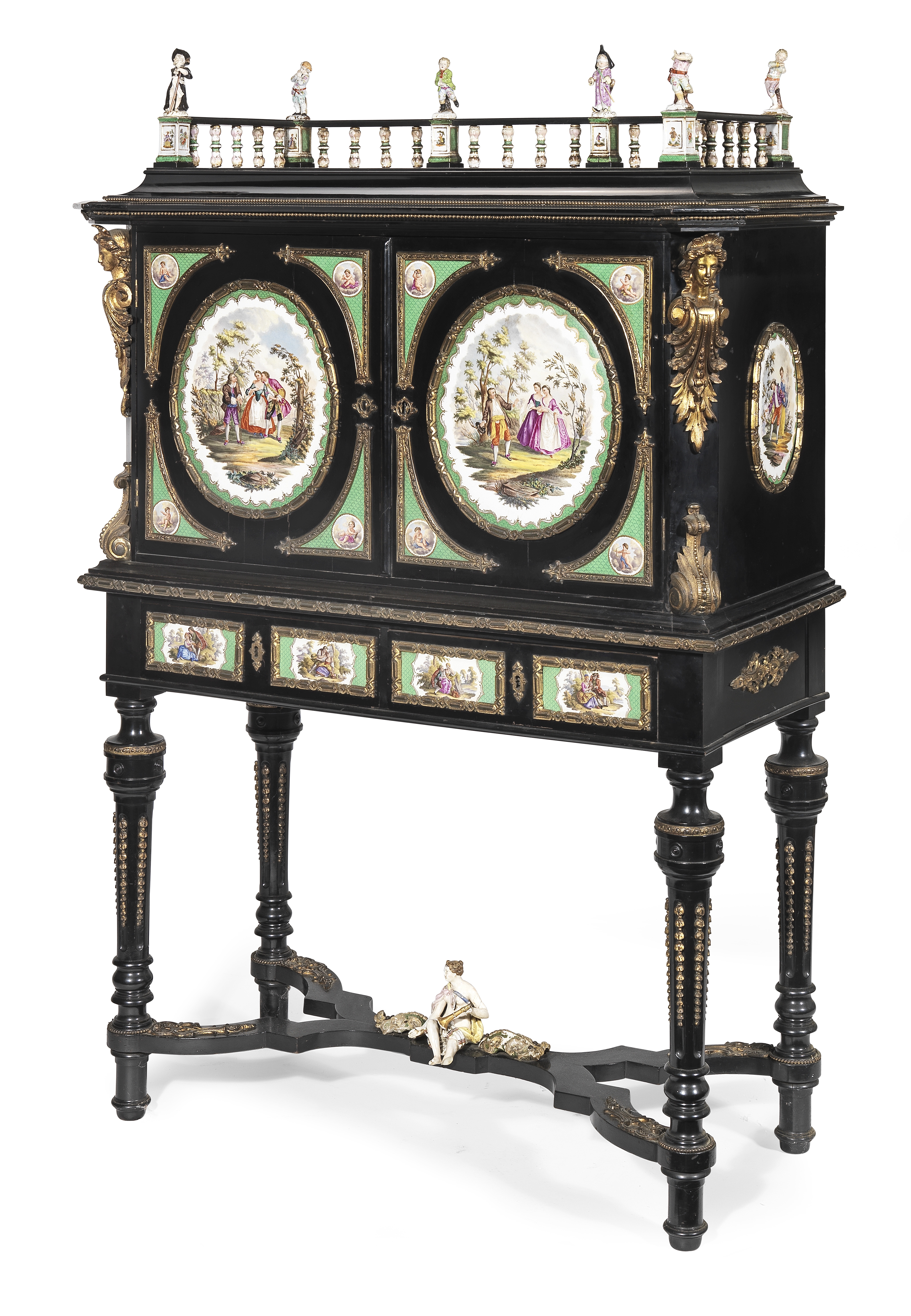 A pair of German 19th century porcelain and gilt bronze mounted ebonised cabinets on stands (2) - Image 2 of 4