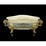 A late 19th century French gilt bronze and champleve enamel mounted onyx oval centrepiece bowl or...