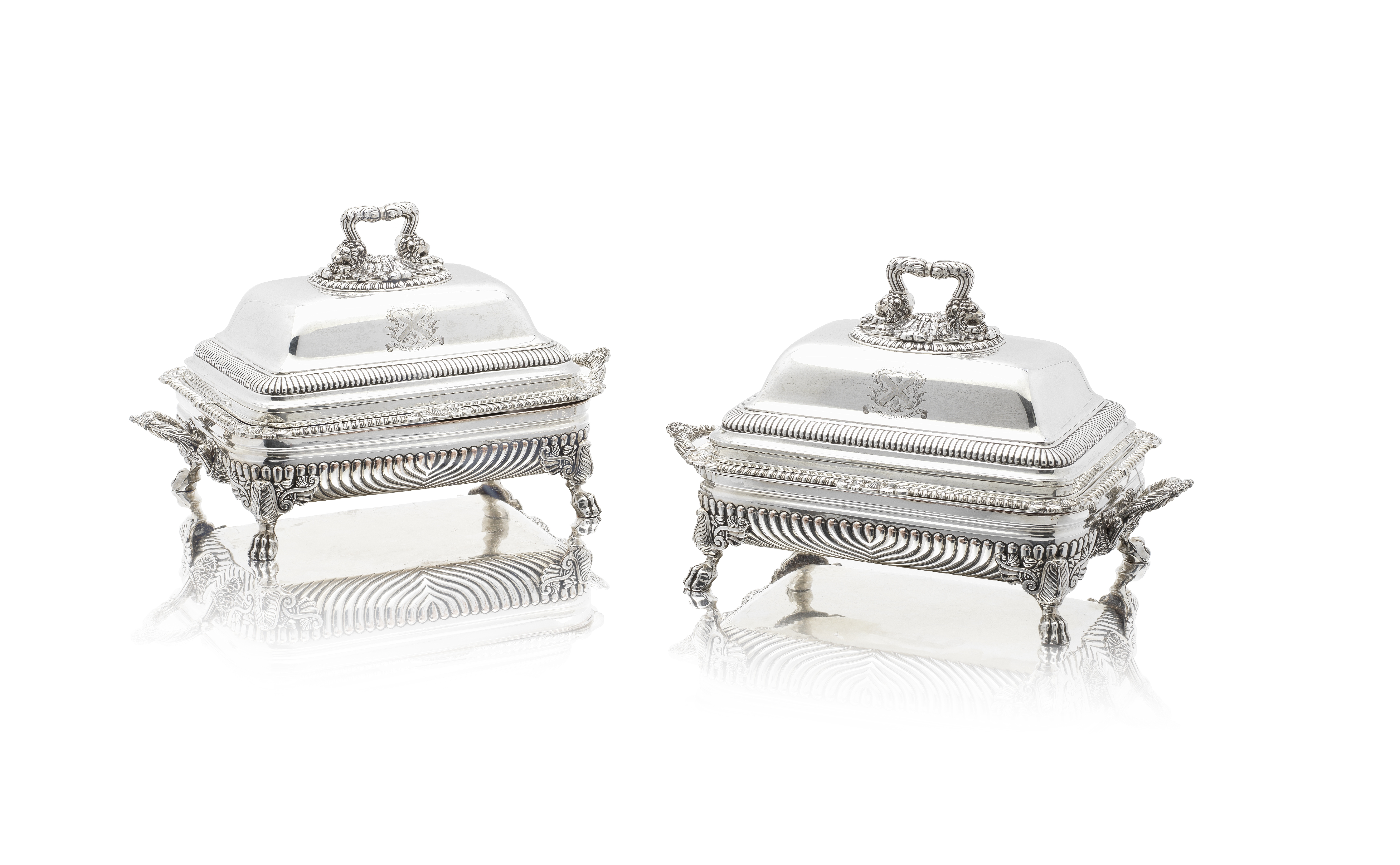 A pair of George III silver entrée dishes on Old Sheffield plate stands Philip Rundell, London 1819