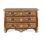 A Regence ormolu mounted olivewood, rosewood, burr elm, walnut and chequer inlaid commode attribu...
