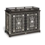 An Italian 19th century Renaissance revival hardstone mounted ebony and engraved ivory marquetry ...