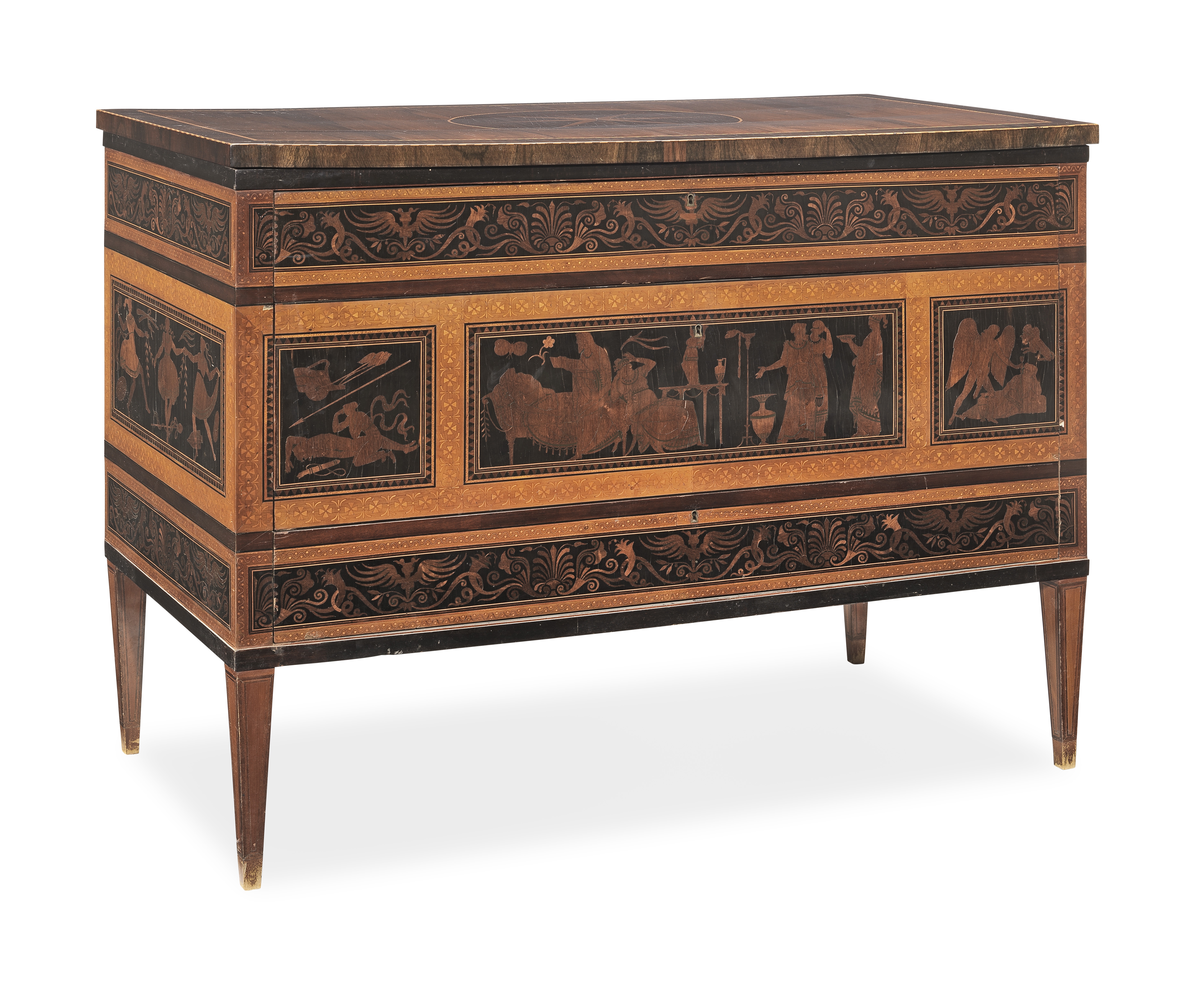 A pair of Italian early 19th century rosewood, ebony, purplewood, sycamore marquetry and chequer-...