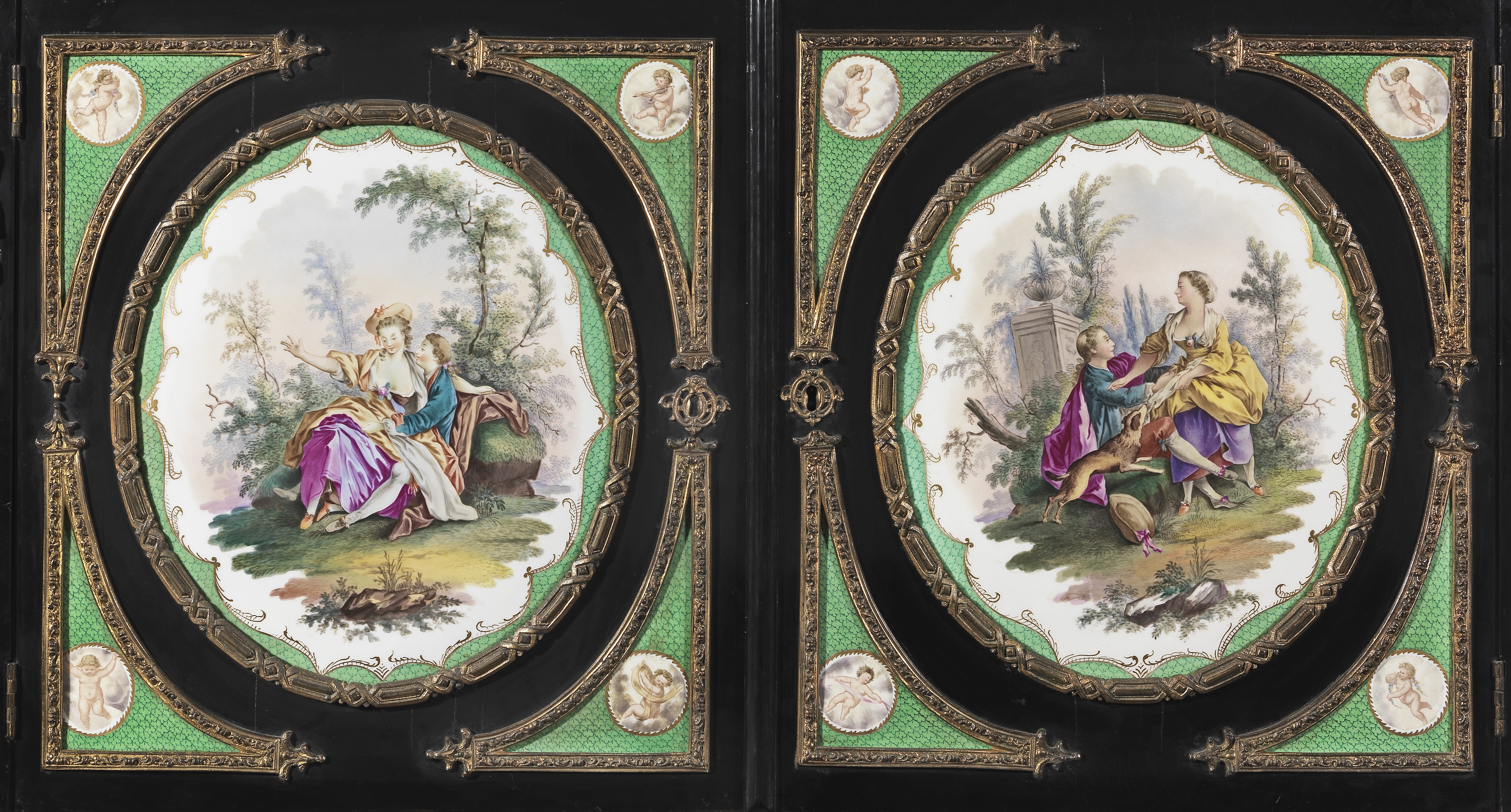 A pair of German 19th century porcelain and gilt bronze mounted ebonised cabinets on stands (2) - Image 4 of 4