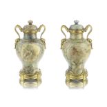 A Pair of 19th century French gilt bronze and green 'Spath-Fluor' fluorite garniture vases and co...