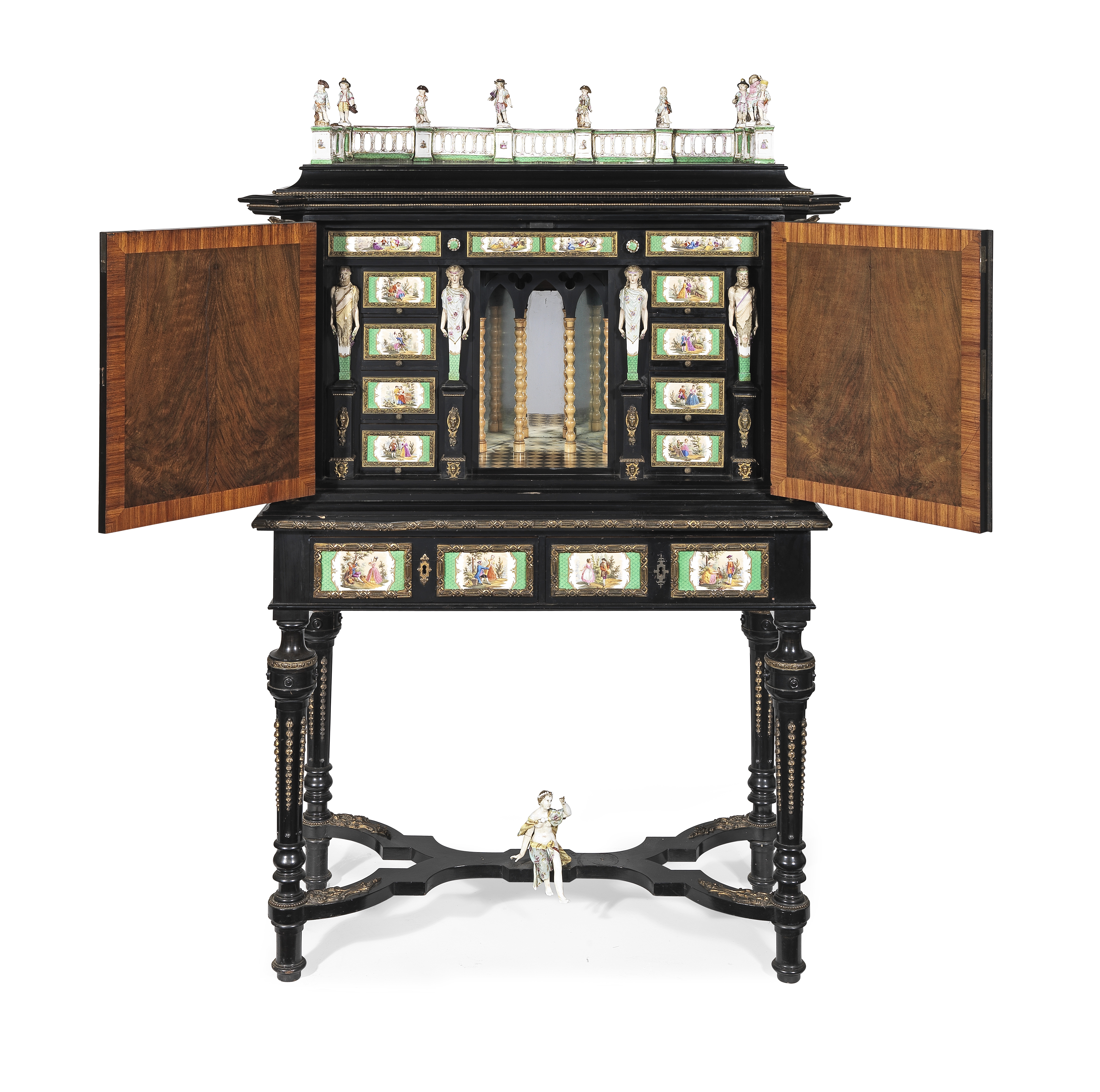 A pair of German 19th century porcelain and gilt bronze mounted ebonised cabinets on stands (2) - Image 3 of 4