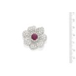 A Mid 20th Century ruby and diamond flower brooch