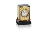 A miniature gold, corallium rubrum, enamel and onyx desk clock, by Cartier,