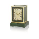 An Art Deco nephrite and gold Grande Sonnerie desk clock, by Cartier,