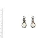 A pair of natural pearl and diamond pendent earrings