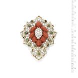 A corallium rubrum, emerald and diamond brooch, by David Webb