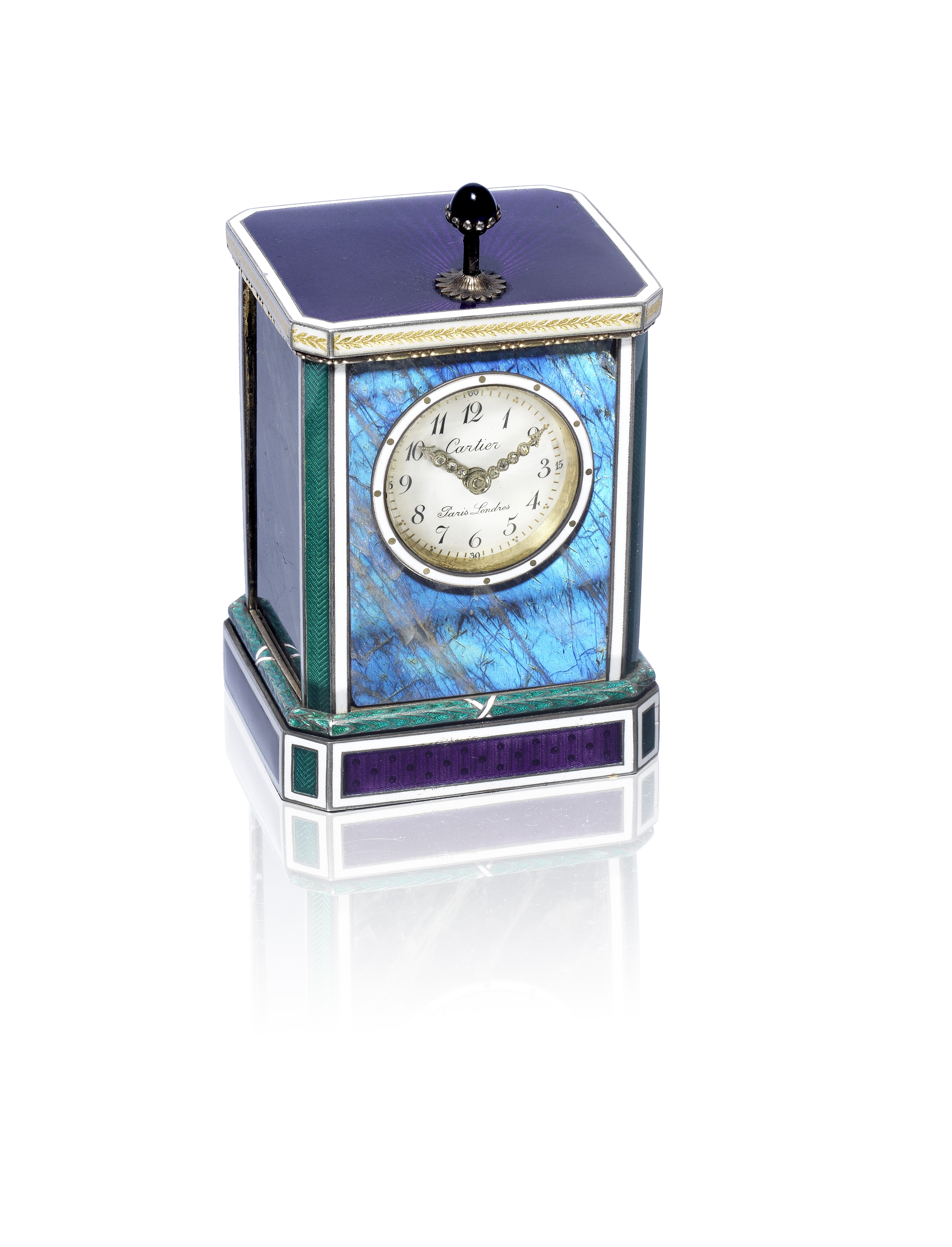 A Belle Époque labradorite, amethyst, enamel and gold minute repeating desk clock, by Cartier,