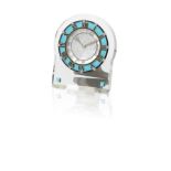 A rock crystal, diamond, turquoise and enamel desk clock by Cartier,