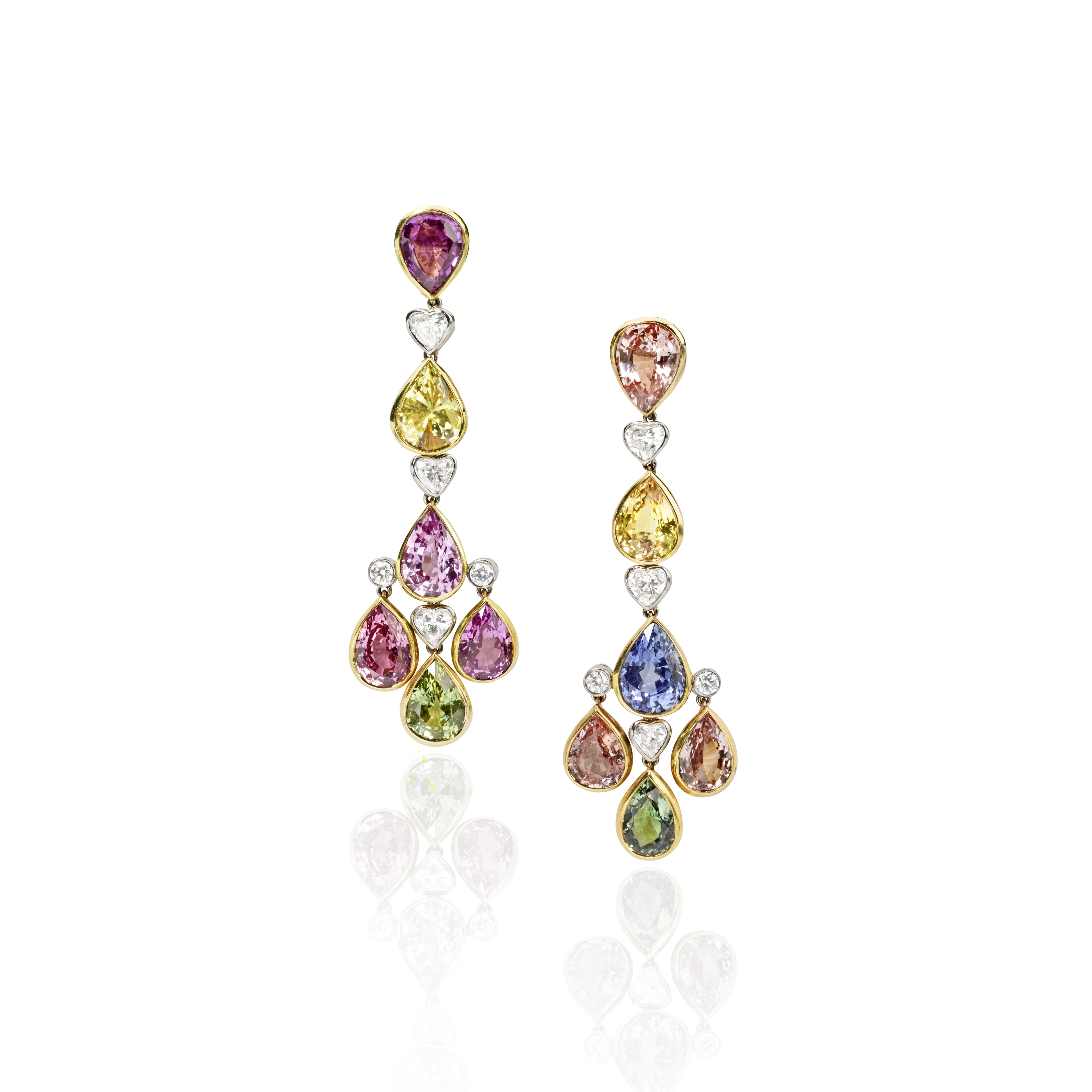 A pair of multi-colored sapphire and diamond ear pendants