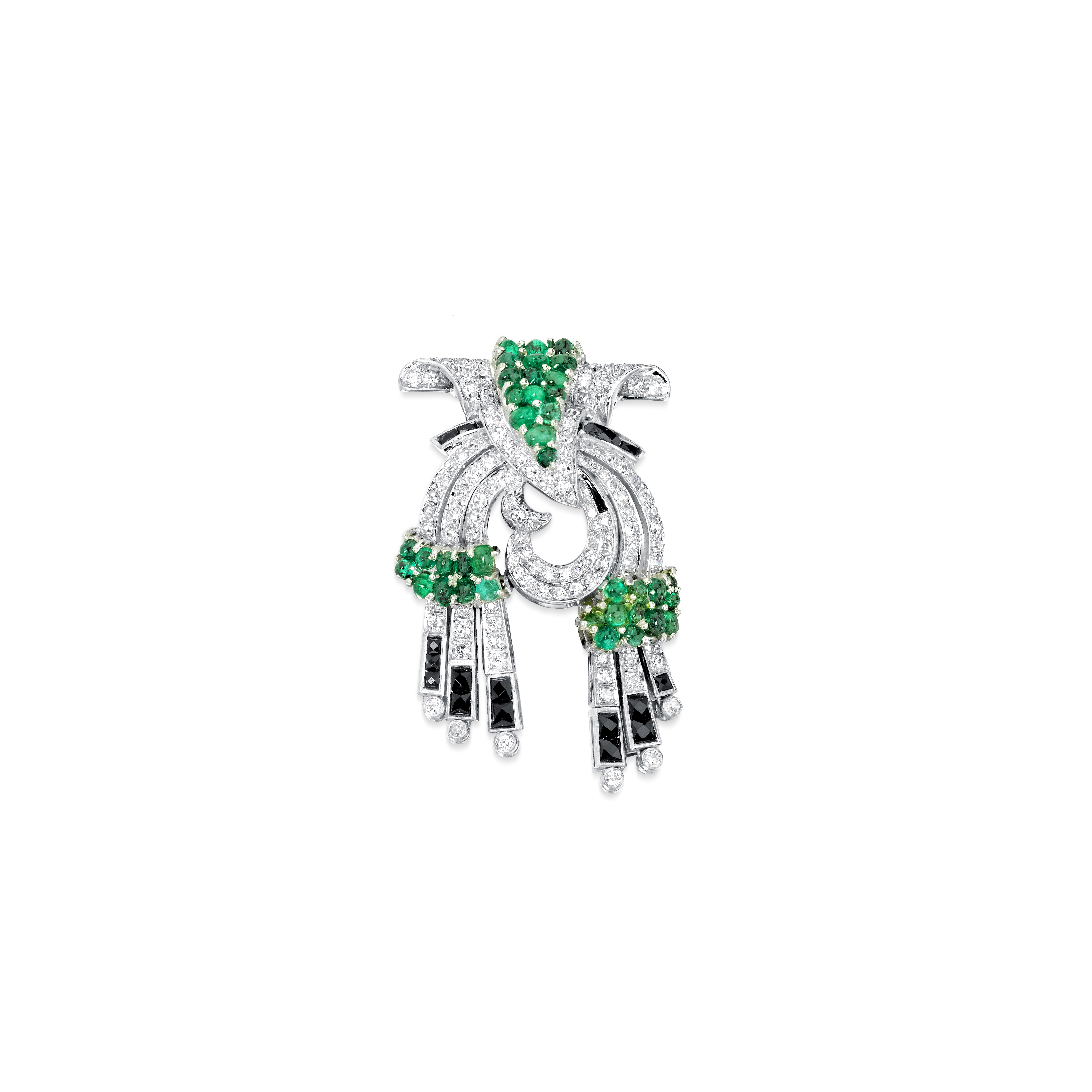 An emerald, diamond, and onyx brooch