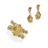 A citrine, diamond and 14k gold bangle bracelet and pair of earrings,