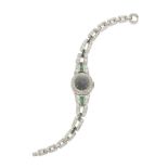 A Ladies Diamond, Emerald, and Platinum Bracelet Wristwatch, Hamilton