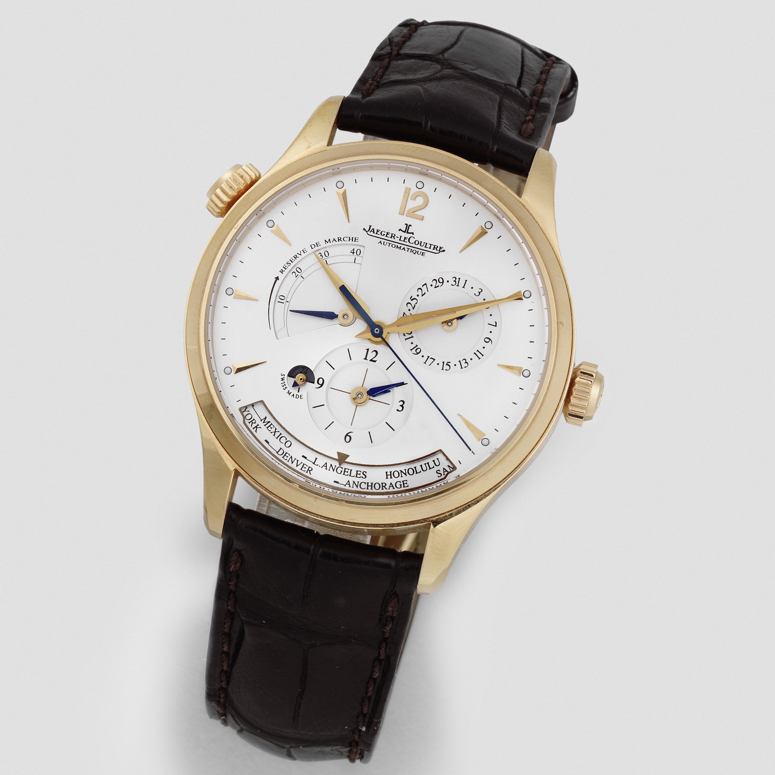 Jaeger-LeCoultre. An 18K rose gold automatic calendar world time wristwatch with dual time and po...